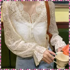 送料無料 花柄レースブラウス 韓国風シアートップス きれいめトップス春夏 キャンディスリーブブラウスレディースおしゃれ 長袖シースルートップス透け感 フェミニン服大人可愛い スカラップネック服 デート服春トップス 上品清楚服色っぽい