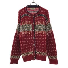 エルエルビーン 80s USA製 ウールブレンド ヴィンテージ ノルディック柄 長袖 クルーネック ニットカーディガン S レッド系 L.L.Bean コンチョボタン レディース