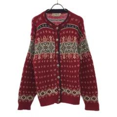 エルエルビーン 80s USA製 ウールブレンド ヴィンテージ ノルディック柄 長袖 クルーネック ニットカーディガン S レッド系 L.L.Bean コンチョボタン レディース
