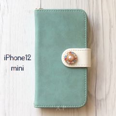 iPhone12mini ケース 手帳型★スエード調 グリーン パール