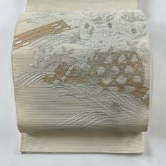 袋帯 秀品 夏帯 絽 桔梗 筏 金銀糸 刺繍 ベージュ お太鼓柄 正絹 【中古】