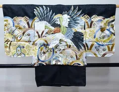 七五三 五歳 男児 羽織・着物・襦袢3点セット S寸 金刺繍 豪華絢爛 綸子地 黒地 鷹 お仕立て無料 祝着 NO30228-2