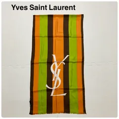 ■良品■Yves saint Laurent イヴサンローラン　大判ストール　ロングストール　ロングスカーフ　シルクマフラー　37.5×144.5cm シルク100% YSLビッグロゴ×ストライプ　オレンジ×グリーン×ブラウン　レディース