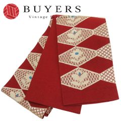 【中古】 半幅帯 正絹(金銀糸除く) えんじ色 シャンパンゴールド系 水色 小袋帯 幾何学模様 和装 呉服 和服 きもの レディース 女性