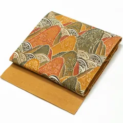 【美品】名古屋帯 紅型風 型絵染め 遠山桜 青海波 ブラウン系 正絹 九寸