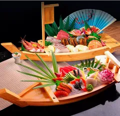 【気質アップ】 舟盛り 刺し身海鮮盛り 舟木製模型 ミニチュア盆栽付き 食器