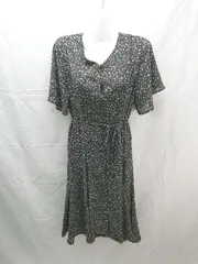 ◇ INDEX インデックス Vネック ボタン 裏地 総柄 薄手 春夏物 長袖 ロング丈 ワンピース サイズM ブラック系 レディース E  【1304120020009】