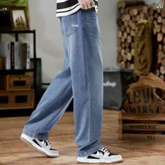 メンズ 男性用 ファッション オシャレ シンプル 大人 かっこいい ストリート ヒップホップ HipHop アメリカンン ライト ブルー ウォッシュ ジーンズ ルーズ ストレート レッグ ワイド ハイ ストリート 夏 パンツ
