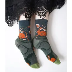 レディース ソックス 靴下 レッグウェア ミドル 総柄 ボタニカル 植物柄 花柄 柄物 動物柄 ウサギ 鳥 ライオン 神様 ゴッド グレー ベージュ