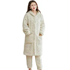 【新品】 [SIPERLARI] ルームウェア レディース 上下セット 加厚い 両面起毛パジャマ コーラルフリース 可愛い ジャカード 暖かい 前開き ポケット付き フード付き 長袖 トップス 長ズボン もこもこ 無地 着る毛布 防寒対策 ゆったり 部屋着 1