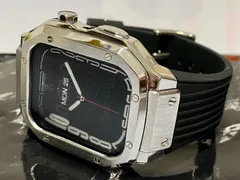 シルバー　Apple Watchラバーバンドカバーメタルケースアップルウォッチカスタム ホールバックルタイプ