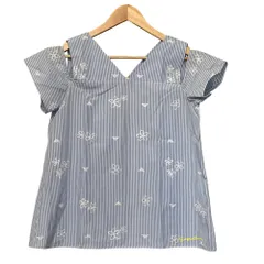 美品 ARMANI JUNIOR アルマーニジュニア ロゴ＆フラワー刺繍 ストライプ柄 ブラウス キッズサイズ 16A 175cm ブルー キッズ 古着 中古 USED