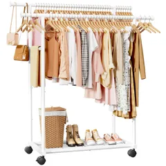新品 Sakugi ハンガーラック スリムでおしゃれな金属製 ダブルポール キャスター＆棚板付き クローゼット整理・衣類収納 幅98×奥行42×高さ150cm ホワイト
