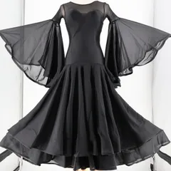 【社交ダンス衣装】ブラック ワンピース ドレス 黒 無地 フリル レース 袖口 フレア 高級感 上品 ミニ丈 デモ 競技用 レディース 発表会 パーティ
