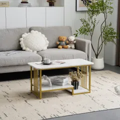 【新作登場】センターテーブル 大理石調 幅90cm 収納付き 長方形 ローテーブル おしゃれ 収納棚 コーヒーテーブル リビングテーブル コンパクト 北欧 カフェテーブル【ホワイト＋ゴールド】