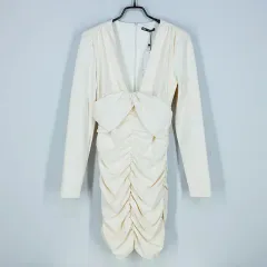 ZARA(ザラ) レディース シャーリング スリムフィット 浸漬 V ネック 春 秋 ウルトラミニドレス クリーム ( HU36988 )