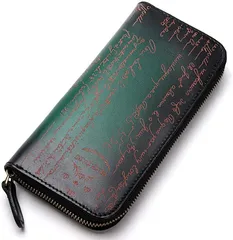 LUNICA 長財布 メンズ イタリアンレザー ラウンドファスナー 本革 牛革 大容量(グリーン)