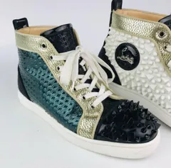 良品★Christian Louboutin・クリスチャンルブタン メンズ レザー切替し マルチスパイクスタッズ メタルロゴプレートワッペン付き ハイカットスニーカー(39.5)スタッズ メンズシューズ スニーカー カジュアル ブランド ハイカット