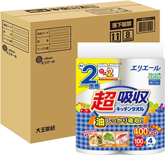 4ロール (x 4) ホワイト エリエール キッチンペーパー 超吸収 キッチンタオル 100カット×16ロール(4ロール×4パック) パルプ100% 2倍巻き 【ハーフケース】