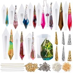 【特価商品】キーチェーン ジュエリー ペンダント エポキシ樹脂 UVレジン パーツ オルゴナイト 鉱石 天然石 水晶 宝石 ビーズキャップ付き 220個キット付 12個セット 粘土 シリコンモールド ペンデュラム FUNSHOWCASE