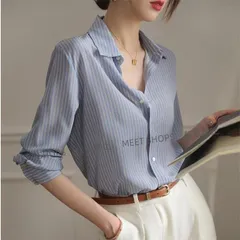 【新品未使用】シャツ レディース ストライプ トップス レディース ストライプ 長袖 カラーシャツ 大きいサイズ重ね着 春 夏 羽織 とろみブラウス スーツ インナー kich80