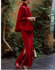 チャイナドレス レディース 中国風 ワンピース ドレス レース マキシワンピース ロング丈 赤 長袖 シャツ レース セパレート パーティードレス 結婚式 二次会 ゆったり 1213