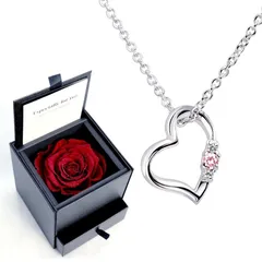 ネックレス レディース オープン ハート (ラブハート) ダイヤモンド 誕生石 ネックレス プリザーブドフラワー バラ ローズ 薔薇 ボックス付 Sears  (シアーズ)  女性 誕生日プレゼント アンティークレッド 10月誕生石 ピンクトルマリン