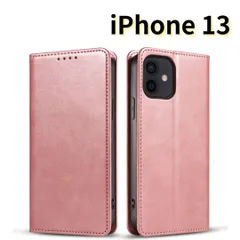 ［ショップス］iPhone13 レザー風 スマホケース 手帳型 ピンク 耐衝撃 マグネット式 カードケース　E