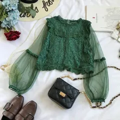 ブラウス レースシャツ トップス 袖あり 長袖 ボリューム袖 Uネック 襟なし レース 刺繍 チュール シフォン 切り替えデザイン ドッキング ふわふわ 透け感 シースルー かわいい 大人可愛い きれいめ カジュアル 大人 上品 おしゃれ 大人女子 ラブリー 