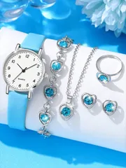 腕時計 レディース セット 女性用カジュアルクォーツ腕時計 6点セット シルバーケース グリーン アロイ カラーダイヤモンドハート型ブレスレットネックレスピアスリング