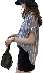 1/2style ニブンノイチスタイル おしゃれ 半袖 ドライ とろみ デザイン ストライプ シャツ レディース( 水色,  XL)