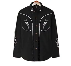 ブラック ウェスタンシャツ 刺繍風 デザイン 長袖 ユニセックス