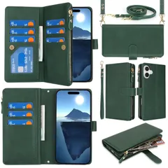 新品 Eastwave アイフォン 16 ケース For iPhone 16 縄掛けケース For iPhone16 手帳型 財布型 ICカード コインポケット ストラップ付き カード 収納 小銭入れ ファスナーポケット付き PUレザー 6色グリーン