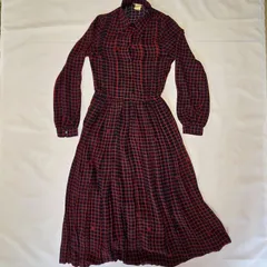 【伊太利屋／日本製】ワンピース｜S～M｜レトロ 古着 プリーツ 膝下丈｜ネイビー×赤　チェック柄