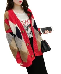 [Dep Club] ほっこり暖かい ニット レディース ゆったり 体型カバー 暖かい カーディガン ベスト おしゃれ 防寒 長袖 大きいサイズ ふわもこ アーガイル 春 秋 冬 春秋 秋冬 (JP, アルファベット, Fr [レッド] [Free Size]