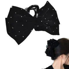 【新着商品】大人 日常 おしゃれ クリップ 通勤 髪留め ラインストーン 通学 ベロアタイプ バンスクリップ ヘアアクセサリー リボン 大きめ (ブラック) ヘアクリップ LIKENNY