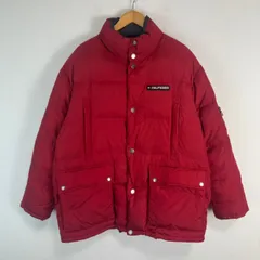 90s TOMMY HILFIGER トミーヒルフィガー ダウンジャケット フラッグロゴ 刺繍ロゴ ストリート 古着 Sサイズ 赤 レッド メンズ