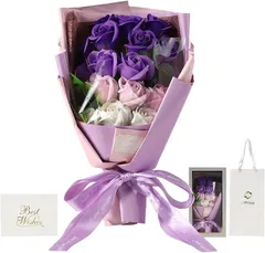 Moluppy ソープフラワー 花束 バラ 紫 紙袋付 グラデーション ギフト プレゼント 女性 人気 母の日 敬老の日 誕生日 お祝い 記念日 発表会 男性 母親 感謝 フラワーギフト(グラデーションパープル,  ‎)