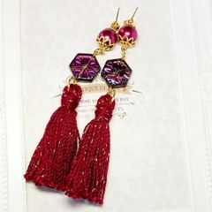 再販未定☆【ピアス】チェコドロップ エスニック風デザイン ワイン