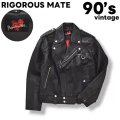 【本革】 90s ヴィンテージ リガラス メイト RIGOROUS MATE 牛革 カウハイド ダブル ライダース レザー ジャケット 革ジャン 総裏地 M ブラック x レッド アメリカン カジュアル バイカー メンズ