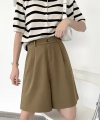 ５分丈 タックショートパンツ レディース  ライトブルー ライトブラウン ミント ハーフパンツ ハイウエスト ショートワイドパンツ 通勤 通学 オフィス 薄手 スラックス 短パン 膝上丈 無地 イージーパンツ スーツショーパン 半ズボン 2FZHE-001