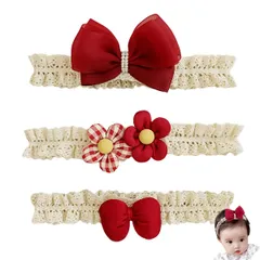 【在庫セール】赤ちゃん 3点セット 新生児 ヘッドバンド リボン 花 レース ヘアアクセサリー 女の子 女児用髪ヘアゴム 髪飾り 可愛い 出産祝い フォーマル 結婚式 お宮参り ベビーヘアバンド 撮影 ピンク ホワイト レッド (レッド（3点セット） FREE