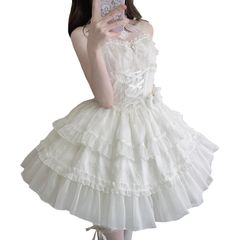 新品 [ＸＨＳＵＫＡＤＯ] ロリータ JSK ジャンパースカート キャミソール リボン レース 首に掛け レディース ワンピース ゆめかわいい ゴスロリ ドレス 花嫁風 洋服 フリル 宮殿風 森ガール 姫様 Lolita アイドル 衣装 dress 女装 春 