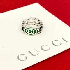 極 美品 GUCCI グッチ インターロッキングG エナメルリング シルバー925 指輪 アクセサリー シルバー グリーン  46037
