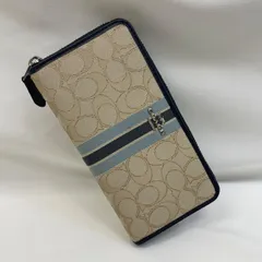 K【美品】コーチ　財布　COACH 長財布 ラウンドファスナー ジッピー ネイビー 紺 青 ベージュ 水色 キャンバス レディース