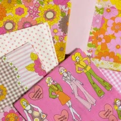 レトロポップ　大判 カットクロス セット 国産　綿100％／　コットン　生地　花柄　昭和レトロ　ピンク　オレンジ　日本製　70年代 KOKOSEKI はぎれ　まとめ売り