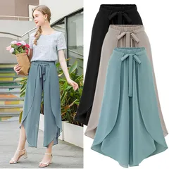 ひらひら揺れるレイヤードデザイン 七分丈シフォンガウチョパンツ スカーチョ ワイドパンツ フレアパンツ シフォンパンツ スカンツふんわり 柔らか きれいめ ゆったり 涼しい 無地 7丈 薄手 春夏 レディースouqie10