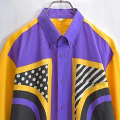 Vintage モダンアートデザイン クレイジーパターン 刺繍入り BDシャツ 長袖 ドレスシャツ ヴィンテージ イエロー パープル マルチカラー ビンテージ 古着 メンズ Lサイズ