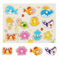 【特価商品】型はめパズル 赤ちゃん モンテッソーリ 玩具 知育玩具 型はめパズル 1歳~5歳 子供 子供 形認識 色認知 木製パズル 手眼協調 脳トレおもちゃ 男の子と女の子のおもちゃ MAEXUS 友人や親戚の子供に贈るのに適しています (海の生物）