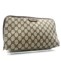 ■良品■GUCCI グッチ　GGスプリーム　クラッチバッグ　セカンドバッグ　コーティングキャンバス×レザー グレー×ブラウン　ゴールド金具　GG総柄　イタリア製　刻印あり